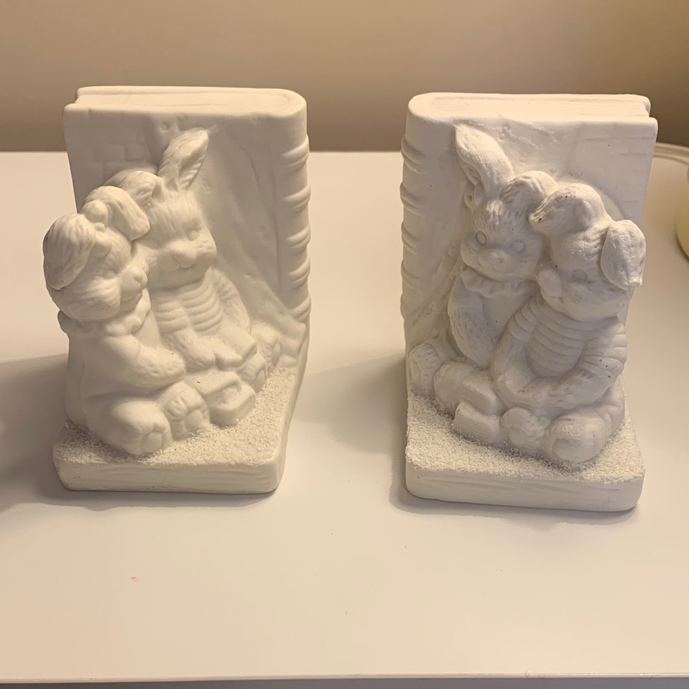 Vintage Children's White Ceramic Bunny and Book Theme Bookends